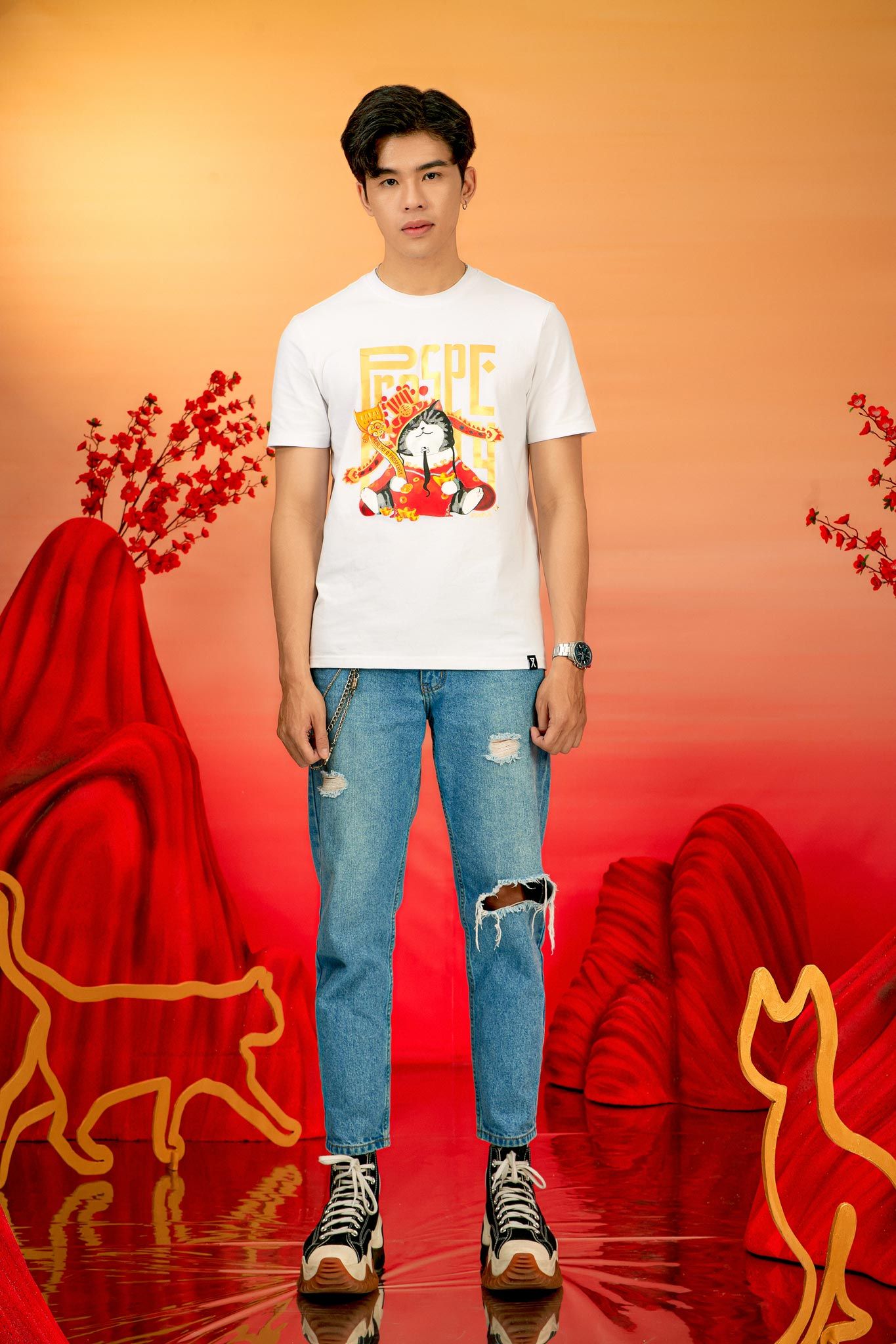 Áo Thun Nam Regular Fit In Mèo Thần Tài MTS 1233 -
