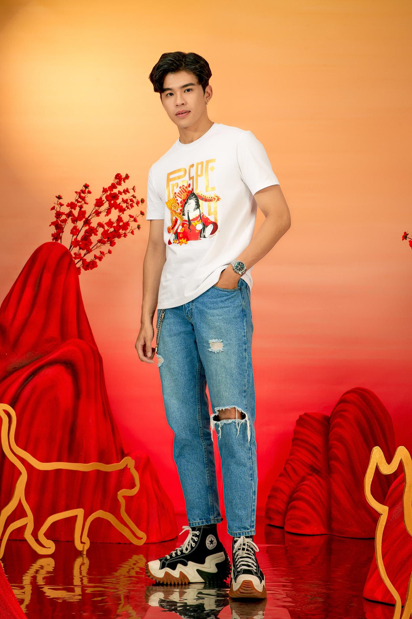 Áo Thun Nam Regular Fit In Mèo Thần Tài MTS 1233 -