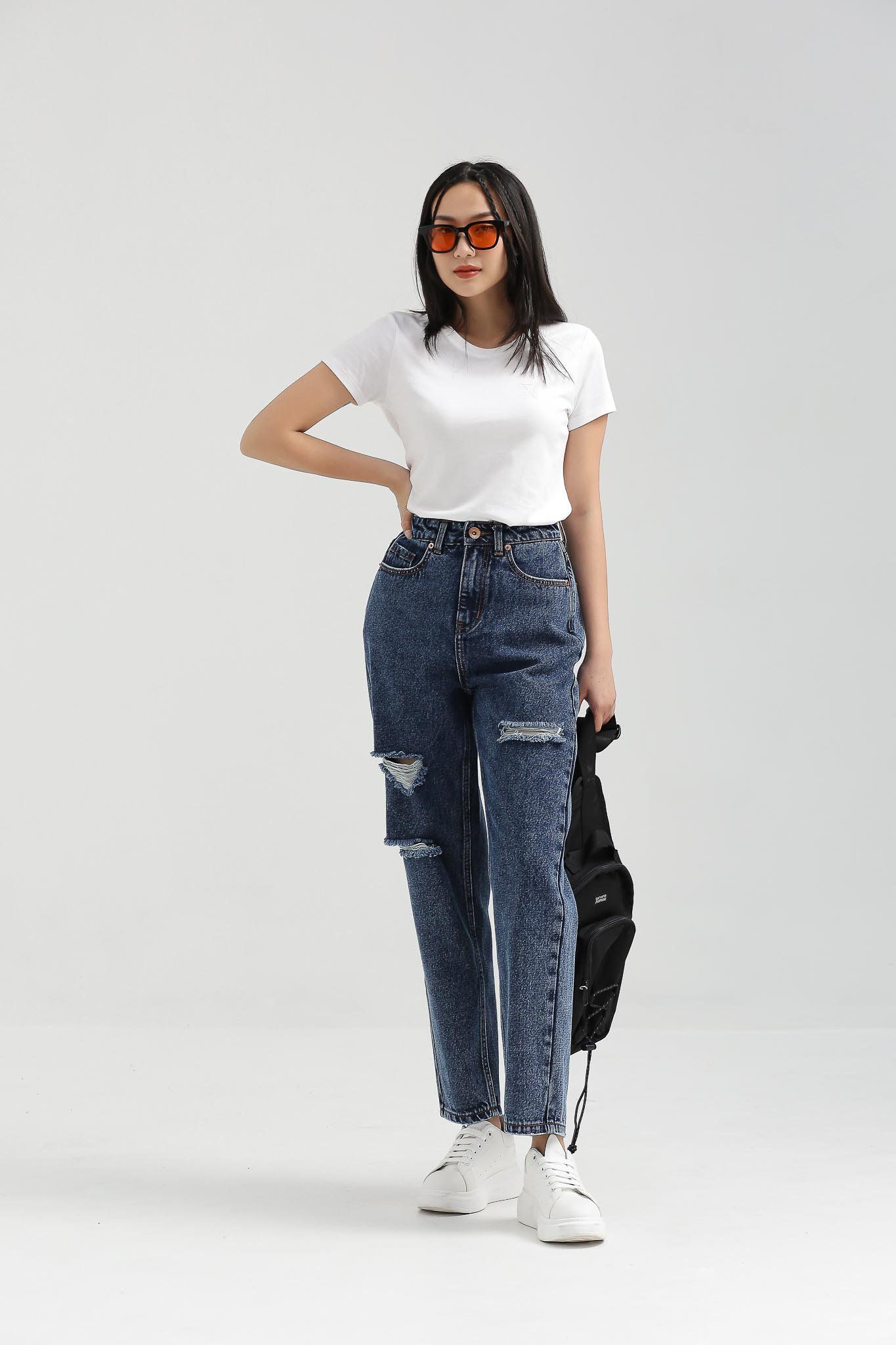 Quần Jeans Nữ Mom Fit Wash Rách WJE 2015 -