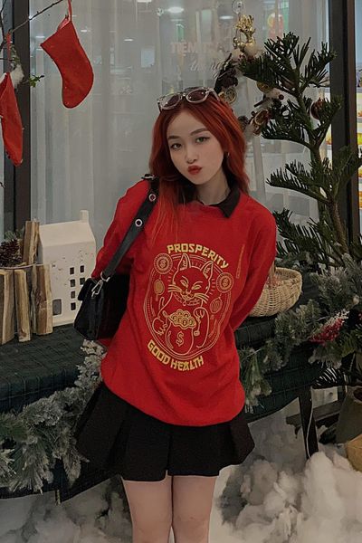 Áo Sweater Nữ Oversize In Graphics Mèo May Mắn WSW 2019