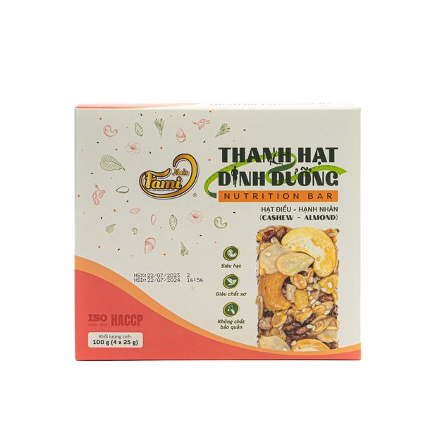 Thanh Hạt Dinh Dưỡng Faminuts Hạt Điều - Hạnh Nhân 100g - Hộp 4 thanh