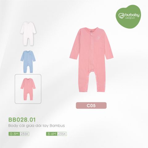 Body cài giữa dài tay BU Baby Bambus Hồng BB028.01