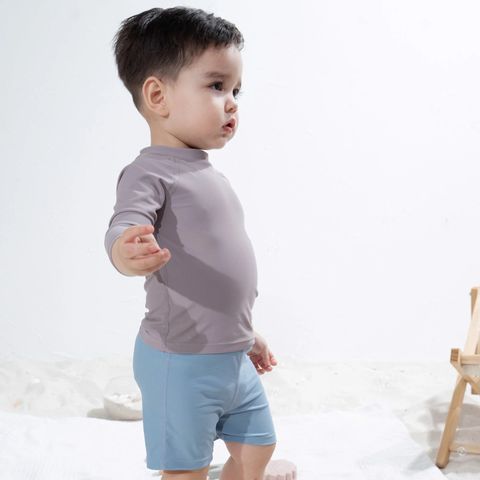 Bộ bơi Bu Baby Áo dài tay, quần đùi khóa sau Ghi Xanh đậm