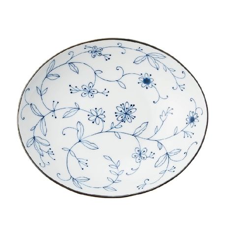 Đĩa sứ hình Oval sâu lòng Yamata họa tiết cây cỏ size 19.5×16×4cm