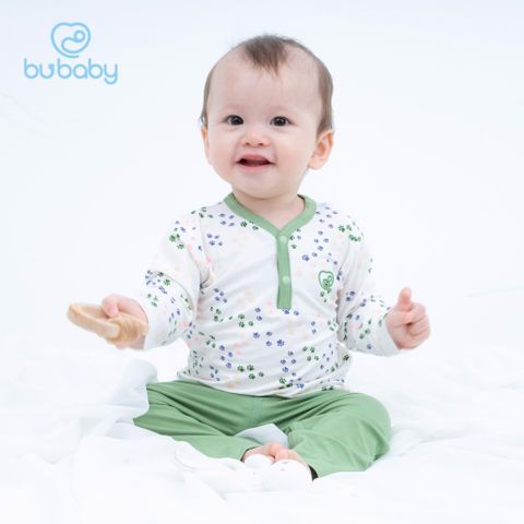 Bộ quần áo BU Baby cổ trụ dài tay bambus puppie trắng xanh lá