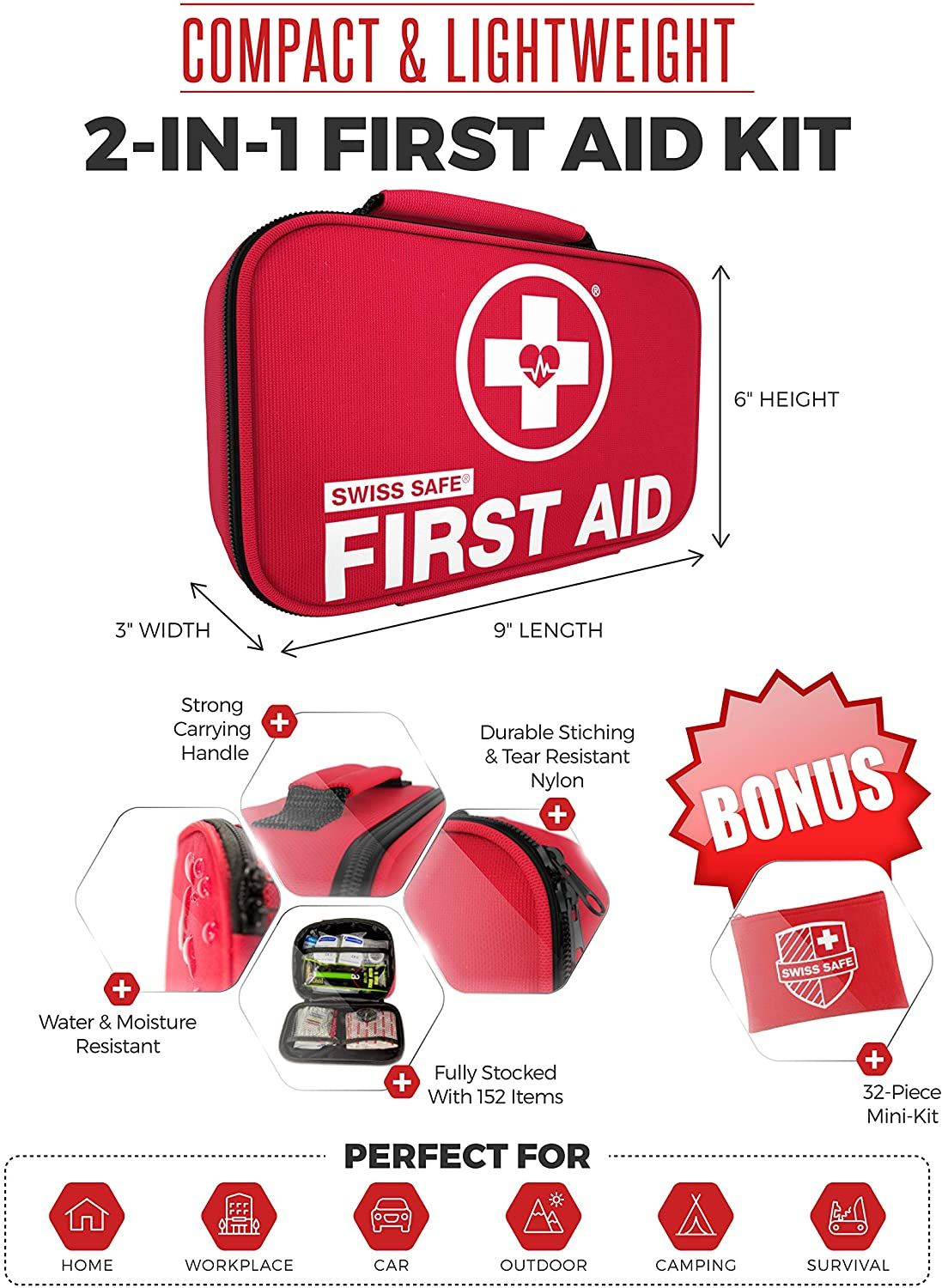 Bộ sơ cứu đa năng Swiss Safe 2-in-1 First Aid Kit (120 Piece) + Bonus 32-Piece Mini First Aid Kit
