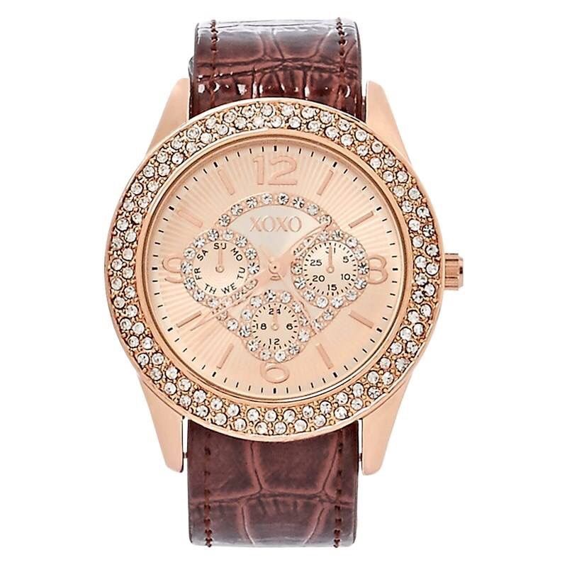 Crystal Chronograph Rose Gold Watch & Croc Embossed Band 7-Piece Set