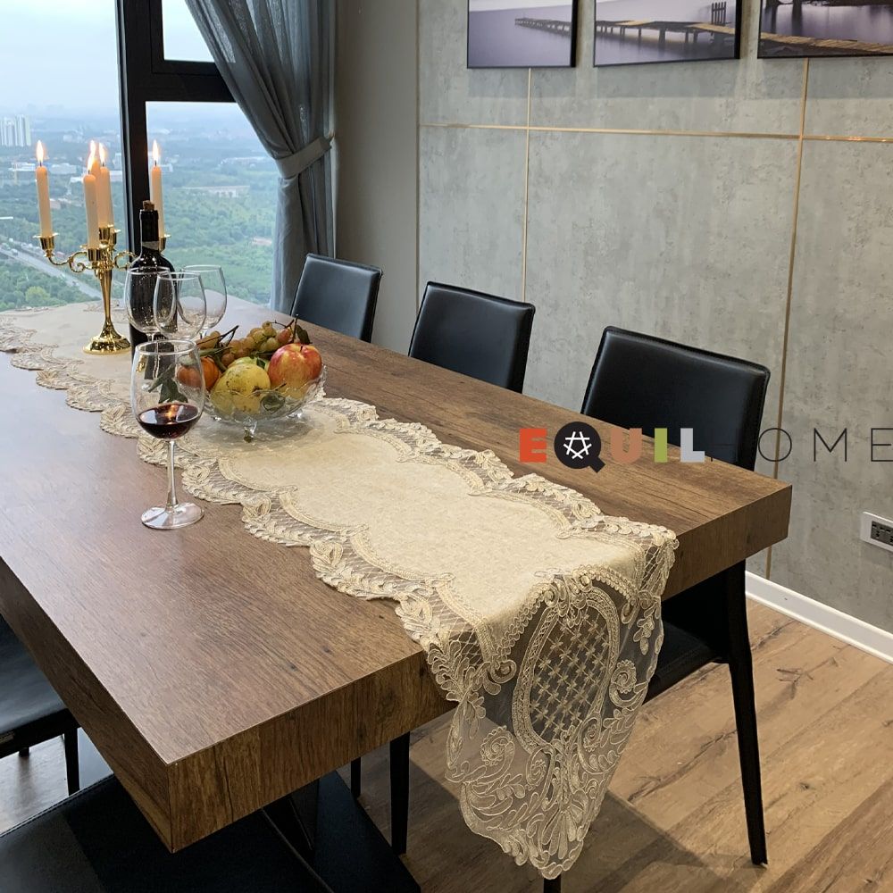 Khăn trải bàn Equilhome (40cmx250cm) khăn runner, chất liệu cotton linen ren sang trọng, trang nhã, thích hợp dùng cho phòng ăn, phòng khách, các bữa tiệc - EQ2021