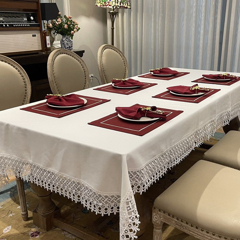 Khăn trải bàn hình chữ nhật khổ lớn vải Linen phối ren - DA555