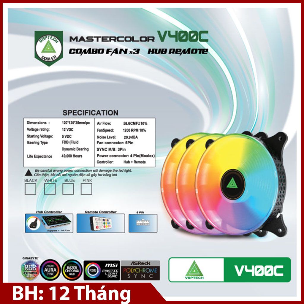 Combo Fan + Hub VSPTECH LED RGB V400C x3 fan