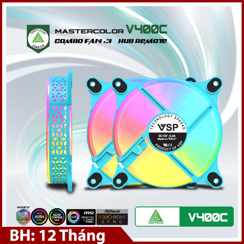 Combo Fan + Hub VSPTECH LED RGB V400C x3 fan - Blue