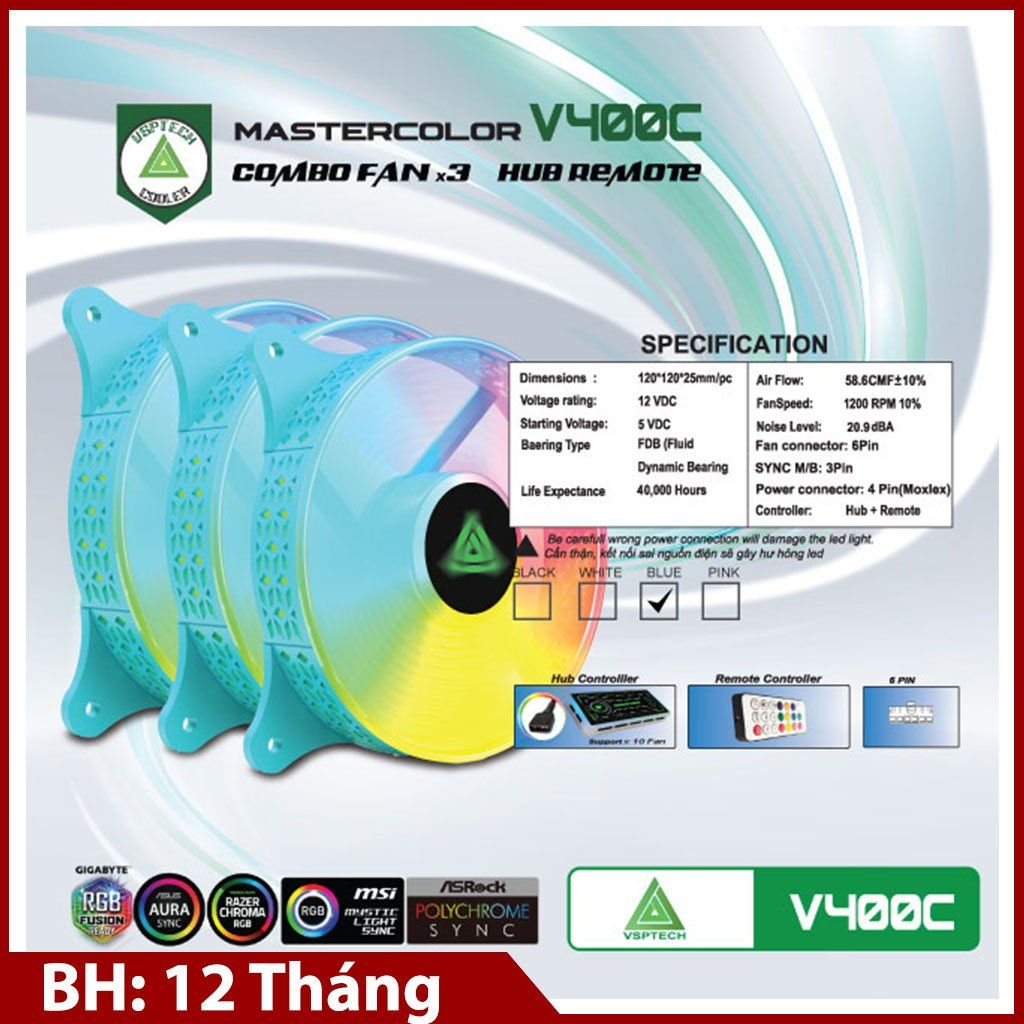 Combo Fan + Hub VSPTECH LED RGB V400C x3 fan - Blue