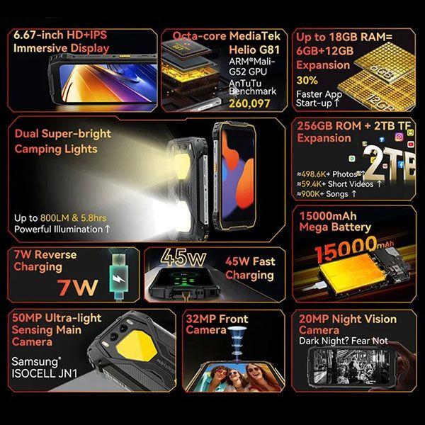 'GIẢM GIÁ ĐÓN XUÂN' Blackview BV7300 | 18GB (6+12) 256GB Rom, 6.67'' HD+ IPS 90Hz Display, Dual Camping Light, 15000mAh, 45W Fast Charge, NFC, Android 14
