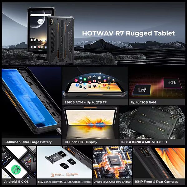 HOTWAV R7 Tablets 4G | 6+256GB 8 Core, 10.1 Inch HD+ Display, Camera 16MP, 15600mAh, Android 13