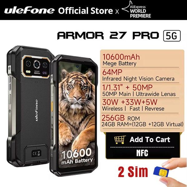 Ulefone Armor 27 Pro 5G | 24GB + 256GB NFC, 10600mAh, Camera 50MP + 50MP 64MP Night, Android 14