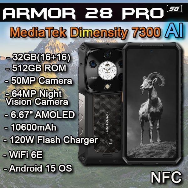 Ulefone Armor 28 Pro 5G AI | Dimensity 7300, 32(16+16), 512GB Rom, 6.67
