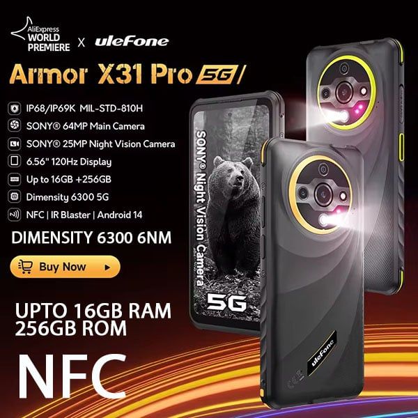 Ulefone Armor X31 Pro 5G | 16GB + 256GB,Dimensity 6300 6nm, MH 6,56”, Camera ban đêm 64MP, 6050mAh, Android 14, NFC.