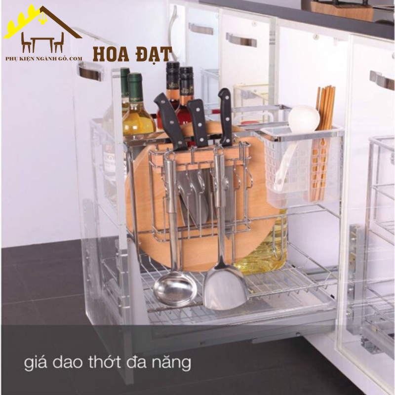 Kệ dao thớt nan dẹt inox bóng, ray giảm chấn cao cấp SP061220