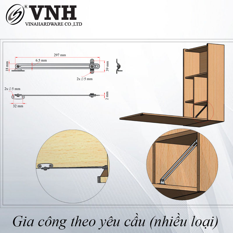 Tay nâng cánh tủ inox, 2x300mm, VNH LD9389-LD9389