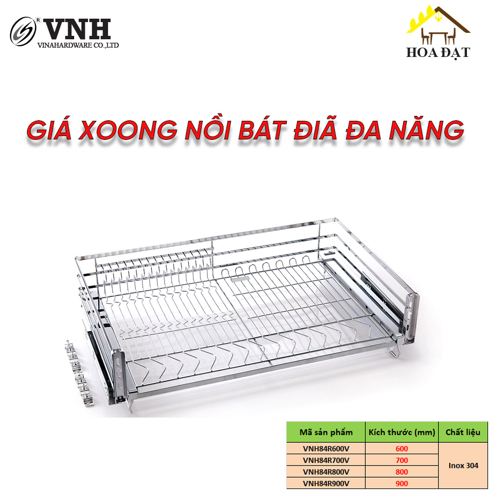 Giá xoong nồi bát đĩa đa năng VNH - Inox 304 cao cấp ray trượt âm tủ rộng 900mm VNR84R900