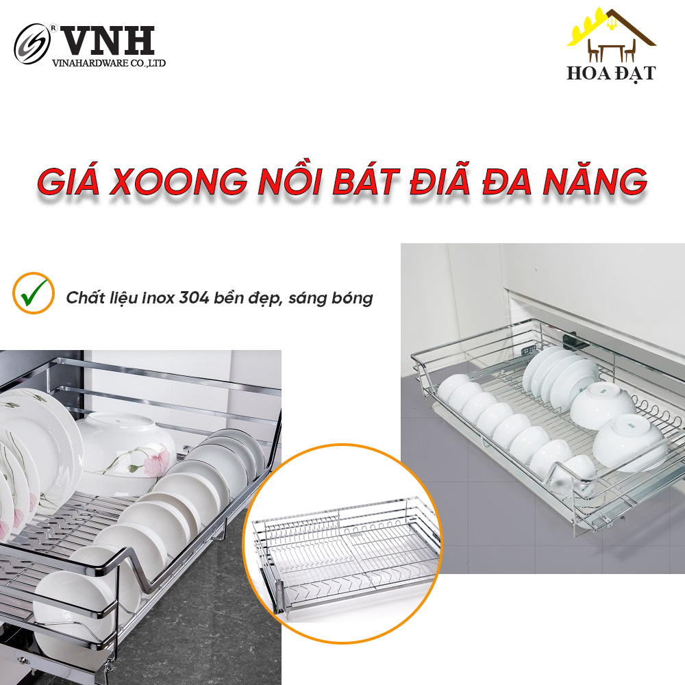 Giá xoong nồi bát đĩa đa năng VNH - Inox 304 cao cấp ray trượt âm tủ rộng 900mm VNR84R900