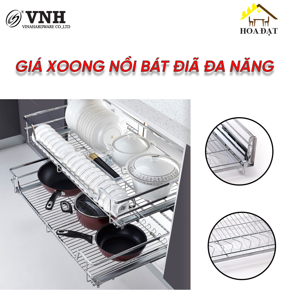 Giá xoong nồi bát đĩa đa năng VNH - Inox 304 cao cấp ray trượt âm tủ rộng 900mm VNR84R900