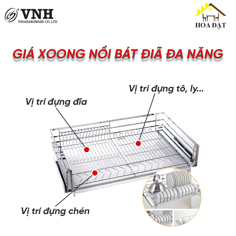 Giá xoong nồi bát đĩa đa năng VNH - Inox 304 cao cấp ray trượt âm tủ rộng 900mm VNR84R900