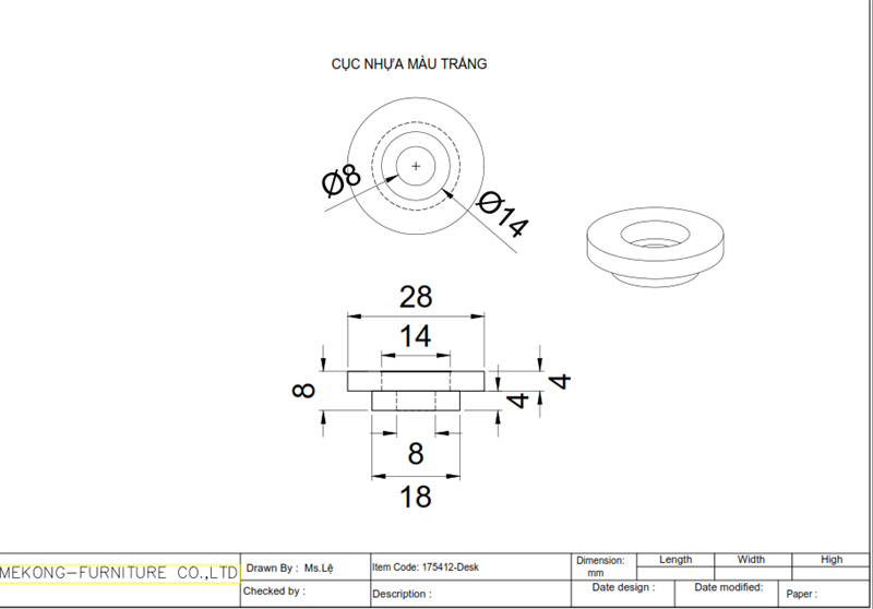 Cục nhựa đi kèm chốt sắt phi 28mm x 13mm