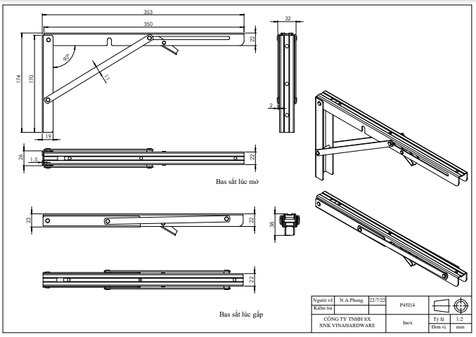 Pat ( bas) gập bàn xếp gọn VNH size 14'', inox 201 P45I14-P45I14