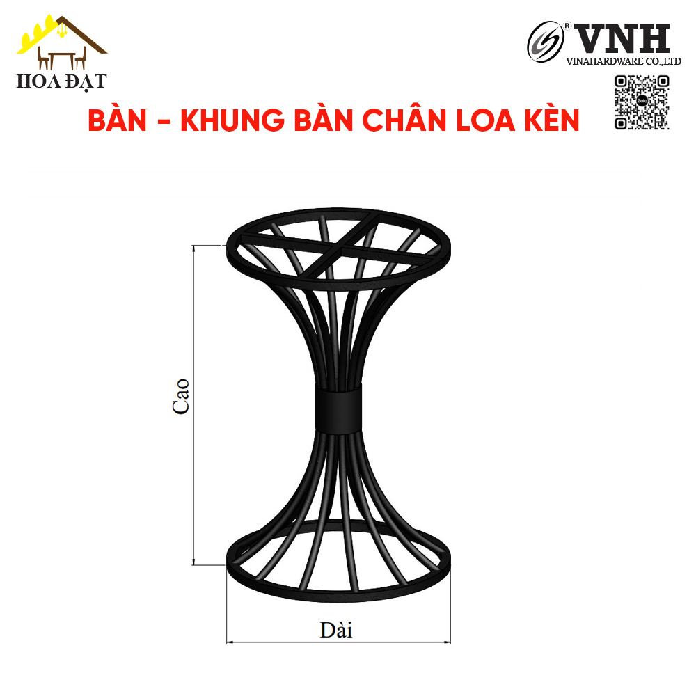 Khung bàn tròn 500x450mm, sơn đen tĩnh điện - Kiểu dáng loa kèn - VNH500450