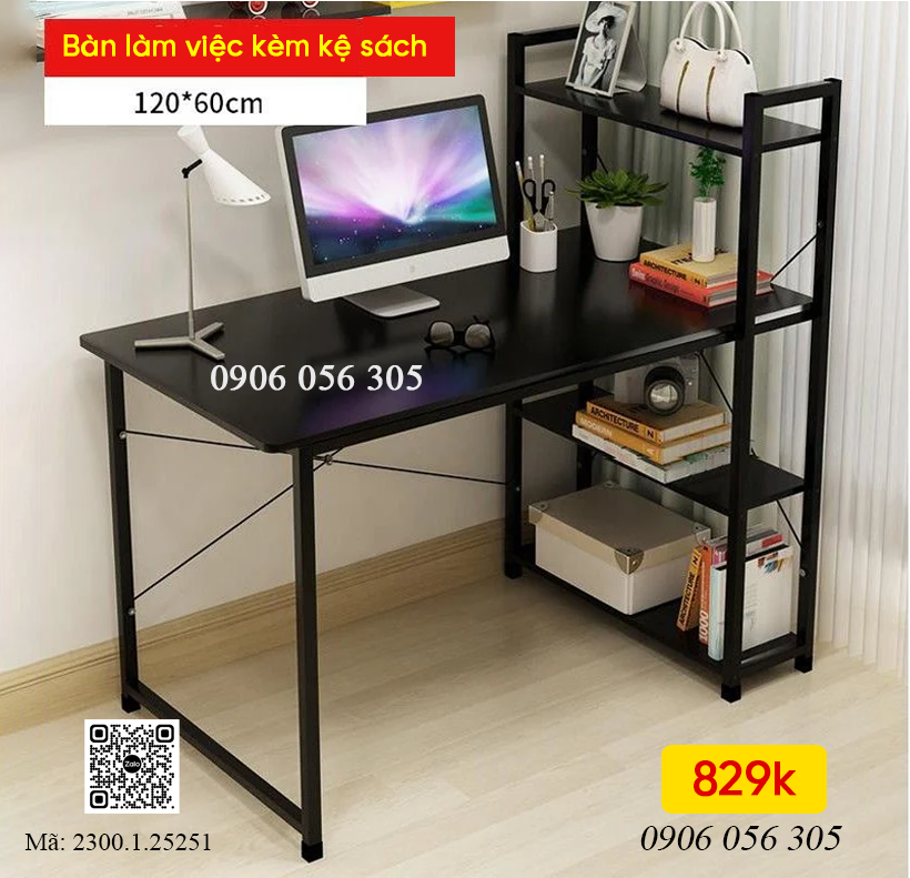 Khung bàn học khung sắt liền kệ sách 25x25x1.1mm, sơn đen, không kèm ván - VNH0012341