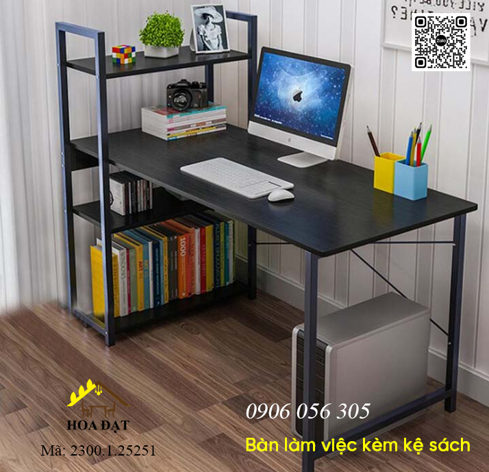 Khung bàn học khung sắt liền kệ sách 25x25x1.1mm, sơn đen, không kèm ván - VNH0012341