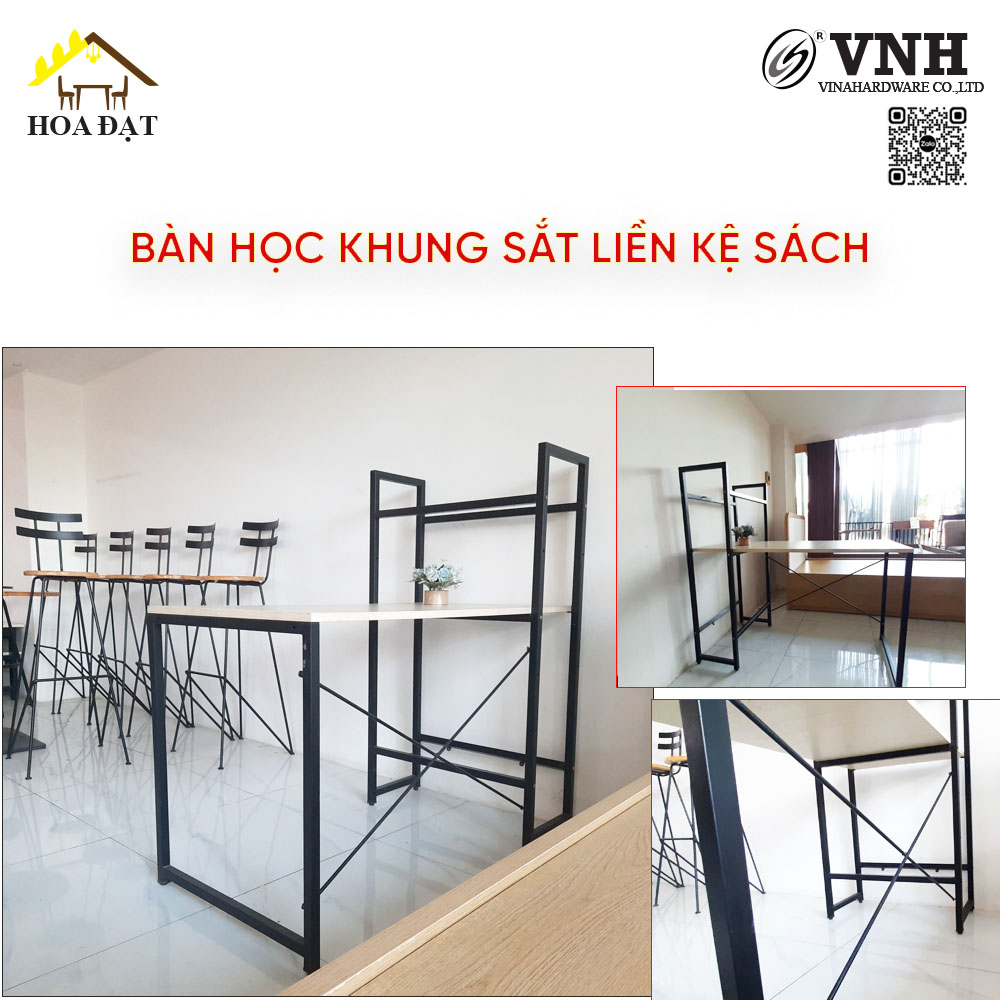 Khung bàn học khung sắt liền kệ sách 25x25x1.1mm, sơn đen, không kèm ván - VNH0012341