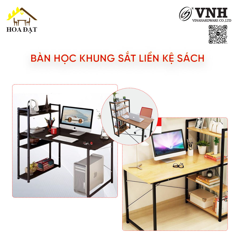 Khung bàn học khung sắt liền kệ sách 25x25x1.1mm, sơn đen, không kèm ván - VNH0012341