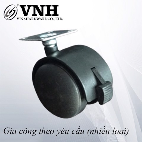 Bánh xe nhựa, loại đế vuông, có khóa, màu đen