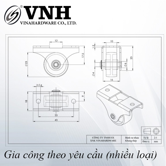 Bánh xe 1 chiều đường kính 23mm cao 28mm VNH BXC09