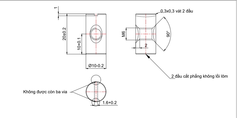 Tán ngang chính tâm lỗ M6, dài 20mm, thân 9.8-10mm, phôi, CRS620D10-CRS620D10