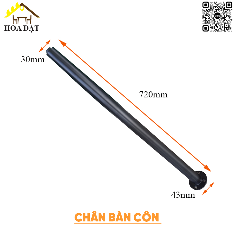 Chân bàn côn sơn đen tĩnh điện, Kích thước côn: 43mm-30mm dài 720mm - VNH4830720