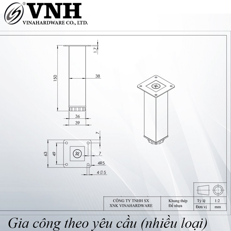 Chân ghế salon vuông 38x38mm, đế bằng