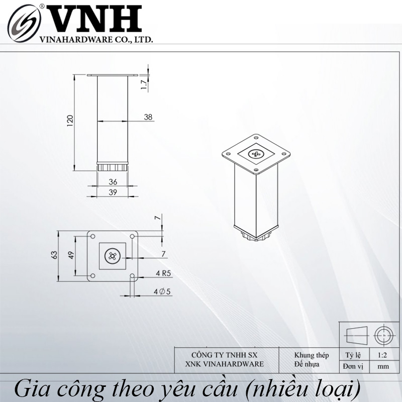 Chân ghế salon vuông 38x38mm, đế bằng