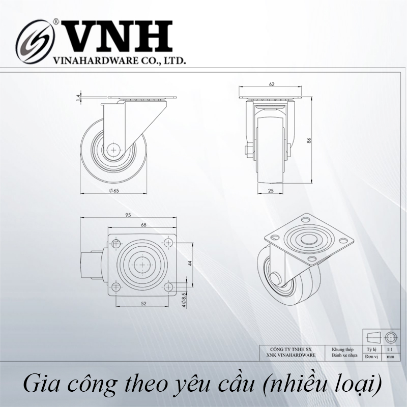 Bánh xe tủ phi 65x25, không khóa, CT06525KK-CT06525KK