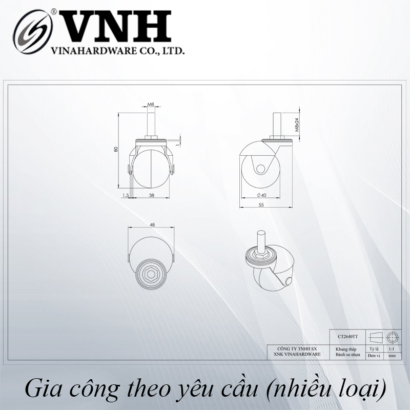 Bánh xe cầu tròn, loại ty ren, màu trắng-CT2640TT