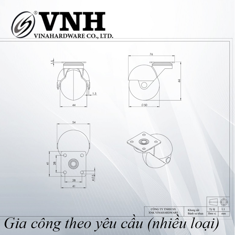 Bánh xe cầu tròn, loại đế vuông, không khóa, màu trắng-CT6040KK