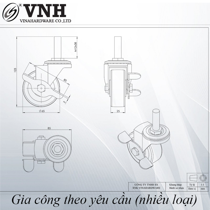 Bánh xe cao su phi 65 có khóa, ty ren M12x35- CT6525CK