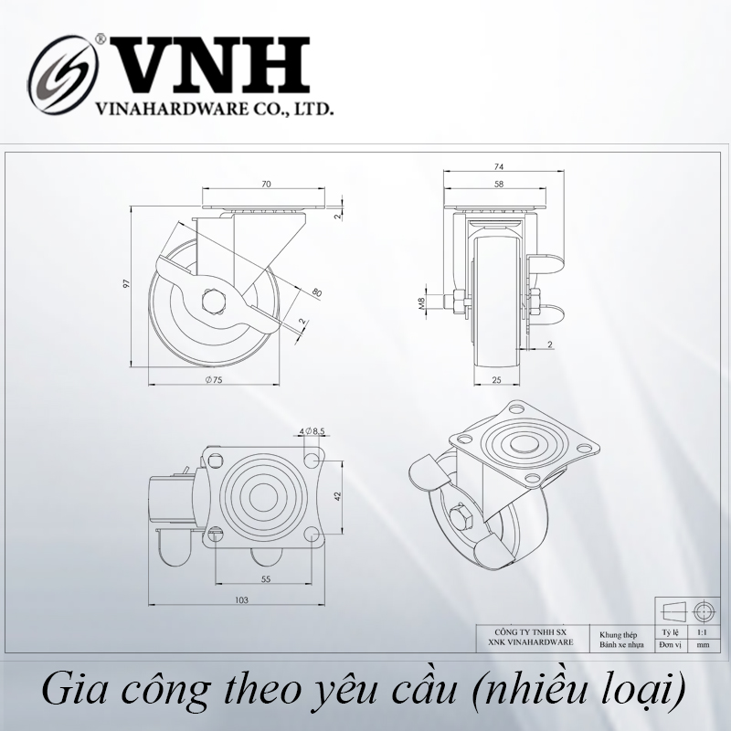 Bánh xe tủ đế bằng có khóa phi 75mm, cao 100mm màu đỏ CT7510DCK