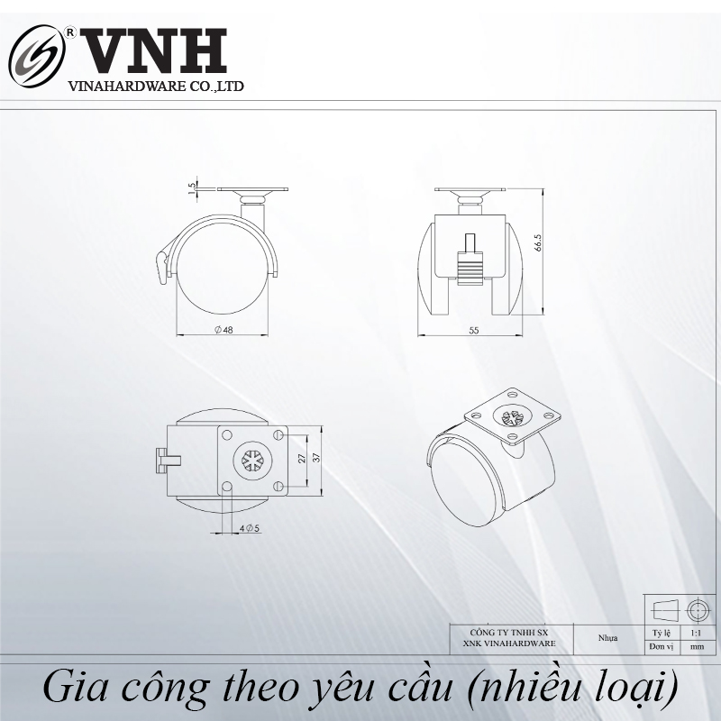 Bánh xe nhựa, loại đế vuông, có khóa, màu đen-CT5017CK