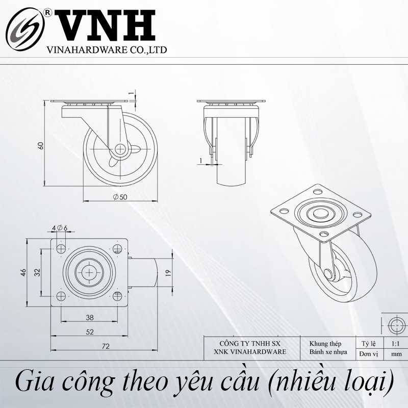 Bánh xe tủ đế vuông, không khóa, màu cam - CT8253C