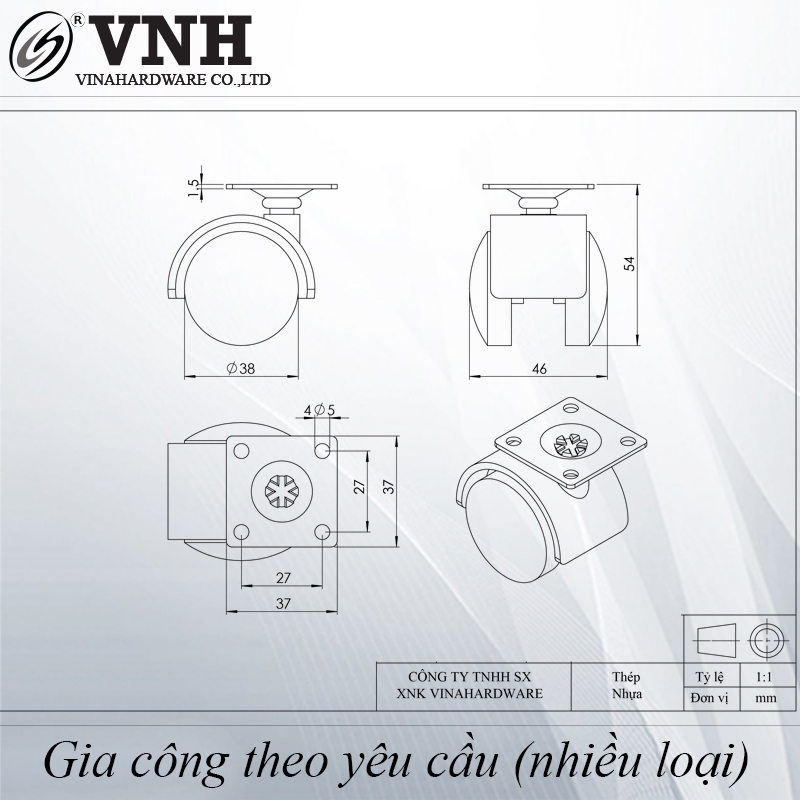 Bánh xe tủ nhựa đế vuông, không khóa, màu đen-CT8245A1