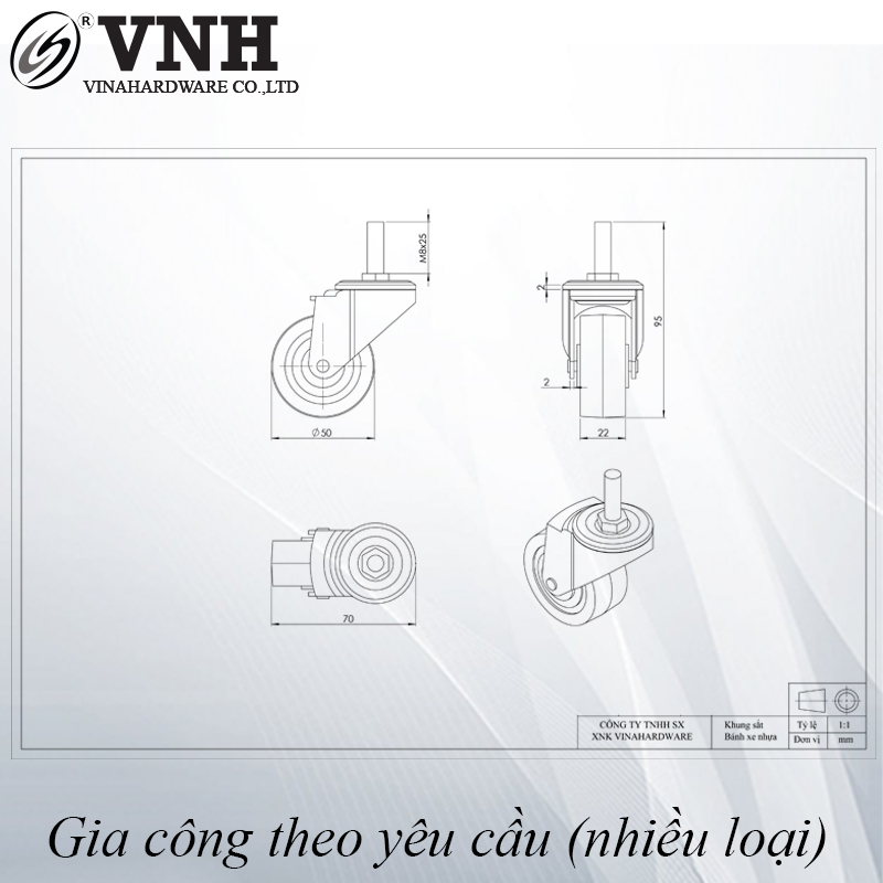 Bánh xe PP, loại tyren, không khóa, màu đen-CT1220KK