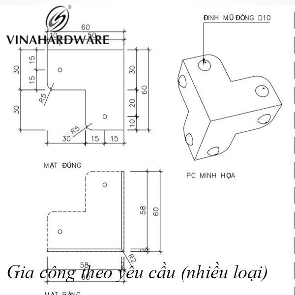 Bas ke góc V60-3G, 2x60x60x60mm, màu giả cổ Vina SP2606060